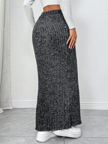 Muchica Falda midi negra de punto acanalado con borde de lechuga - Gris Oscuro - Ver 2