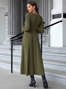 EMERY ROSE Plus Size Casual Solid Color Long Sleeve Knitted Dress, Autumn & Winter Women Dress - Army Green - View 2