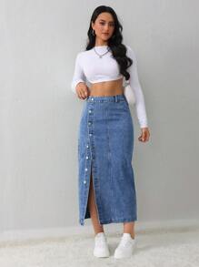 SHEIN Tall Women's Denim Skirt Casual Loose Side Slit Blue Midi Skirt Tall Women's Skirt Light Blue Skirt Blue Skirt Winter Women Clothes - Medium Wash - View 4