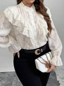 Firerie Plus Size Women Turtleneck Ruffle Trim Jacquard Patterned Long Sleeve Blouse - Apricot - View 4