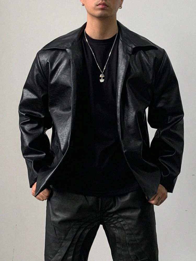 Men's Plain Black Leather Jacket/Coat For Autumn