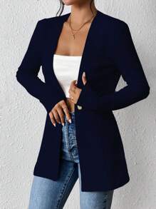 Chiquease Women Casual Textured Collarless Unlined Long Sleeve Blazer Jacket - Royal Blue - View 3