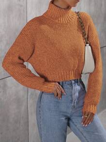 SHEIN Unity Damen lässiger einfarbiger Pullover mit hohem Kragen, Dropped Shoulder und Langarm, für Herbst und Winter - Koralle Orange - Übersicht 3