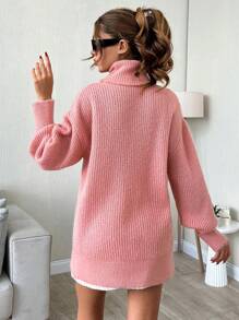 SHEIN Cottnline Suéter holgado de mujer con cuello alto y hombros caídos de tacto suave - Rosa vieja - Ver 2