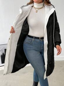 SHEIN LUNE Plus Size Color Block With Pocket Hooded Winter Clothes Long Sleeve Padded Padded Coat
