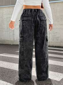 CovetEZ Plus Size Vintage Heavily Washed Street-Style Pocket Black Pants, Autumn/Winter - Black - View 2