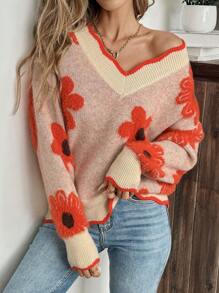 EMERY ROSE 女士彩色 3D 花卉 V 领落肩长袖毛衣，秋冬新年休闲装，长袖上衣 - 彩色 - 查看 7