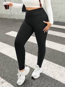 SHEIN EZwear Große Größen einfarbige überlappende breite Taille thermisch gefütterte Leggings, Herbst/Winter