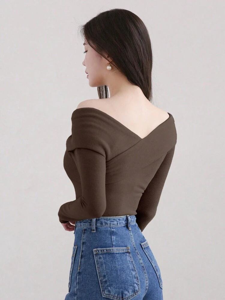 Women's Solid Color Off Shoulder Elegant Casual T-Shirt, Coffee Brown, Autumn/Spring Long Sleeve Women Tops