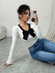 Elenzga Áo len nữ dáng ôm cổ chữ V, chất liệu dệt kim gân, có nơ trang trí, màu trắng, tay dài, thích hợp mặc mùa thu đông. - trắng - Xem 5