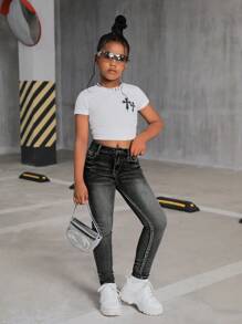 SHEIN Tween Girl Y2K 石洗黑色高腰紧身牛仔裤，返校服，百搭款式，夏季返校街头服饰，海滩波西米亚风演唱会宽松阔腿裤，狂欢节，毕业典礼