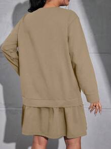 SHEIN Cottnline Plus Size Women Solid Color Round Neck Long Sleeve Ruffle Hem Casual Loose Dress, Autumn - Beige - View 2