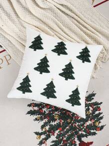1pc Plush Christmas Tree Pillow Cover, Plush Embroidered,Fall Decor,Autumn Decor,Room Decor - White - View 5