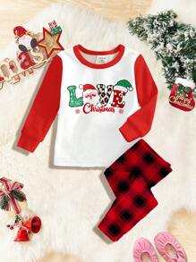SHEIN Giáng sinh, Ông già Noel dễ thương, Kẻ caro đỏ, Bộ đồ mặc nhà dài tay bằng vải nỉ tối giản giản dị cho bé gái, Vừa vặn, Thích hợp cho mùa thu đông - trắng - Xem 1