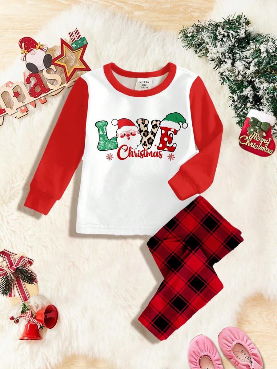 SHEIN Giáng sinh, Ông già Noel dễ thương, Kẻ caro đỏ, Bộ đồ mặc nhà dài tay bằng vải nỉ tối giản giản dị cho bé gái, Vừa vặn, Thích hợp cho mùa thu đông - trắng - Xem 1