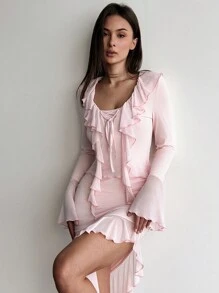 Aloruh Váy xếp nếp viền bất đối xứng thanh lịch dành cho nữ, mùa thu - Hồng - Xem 2