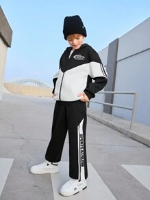 SHEIN Bộ đồ thể thao dệt kim đơn sắc, thoải mái, thường ngày dành cho bé trai tuổi teen, thích hợp cho chạy bộ, đạp xe. - Đen và trắng - Xem 8