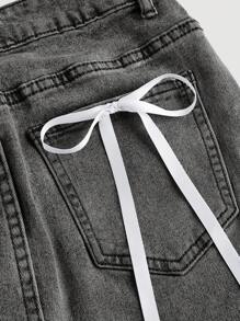 SHEIN MOD Váy denim ngắn có túi trang trí nơ giản dị cho nữ - Màu xám đen - Xem 4