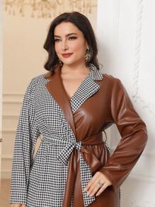 Mulvari 大码女式秋季立领长袖 PU 拼接千鸟格优雅连衣裙长款女装