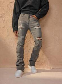 Forever 21 Men's Casual Ripped Denim Jeans With Frayed Hem - Grey - View 4
