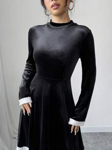 Elenzga 圆领褶皱收腰 A 字形拼色荷叶边复古天鹅绒连衣裙，优雅的日常穿着和派对，百搭 - 黑與白 - 查看 6