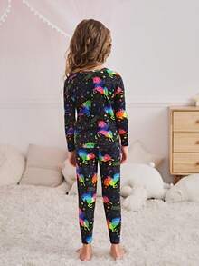 SHEIN Bộ đồ ngủ thoải mái thường ngày họa tiết kỳ lân hoạt hình cổ tròn ôm sát tay dài Raglan cho bé gái và quần dài phù hợp (Áo và quần được bán riêng) - Nhiều màu - Xem 3