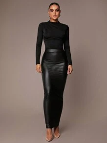 Silquee Váy midi dài thanh lịch bằng da PU trơn màu cho nữ, váy da đen mùa thu, váy da giả, váy dài ôm sát - màu đen - Xem 1