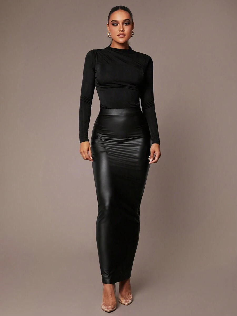 Silquee Váy midi dài thanh lịch bằng da PU trơn màu cho nữ, váy da đen mùa thu, váy da giả, váy dài ôm sát - màu đen - Xem 1