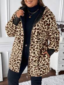 SHEIN LUNE Áo khoác lông cừu trùm đầu có khóa kéo họa tiết da báo ấm áp mùa đông, cỡ lớn - Nhiều màu - Xem 2