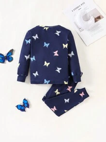 SHEIN 2pcs/Set Young Girl Snug Fit Butterfly Pattern Round Neck Raglan Sleeve T-Shirt And Soft Comfortable Brushed Pajama Pants Sleepwear Set