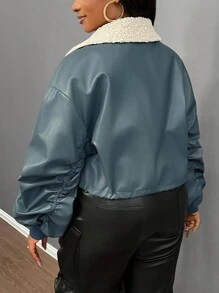 Slaydiva Chaqueta de mujer de manga larga con bolsillo, de piel sintética (PU), relajada, para otoño/invierno 2024 - B - Verde - Ver 2