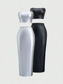 SHEIN Unity 2 Teile Set: Ärmellose Bandeau-Top in Einfarbigem Kunstleder & Elastischer Taillenbund Enganliegende Passform Rock - Verschiedenfarbig - Übersicht 1