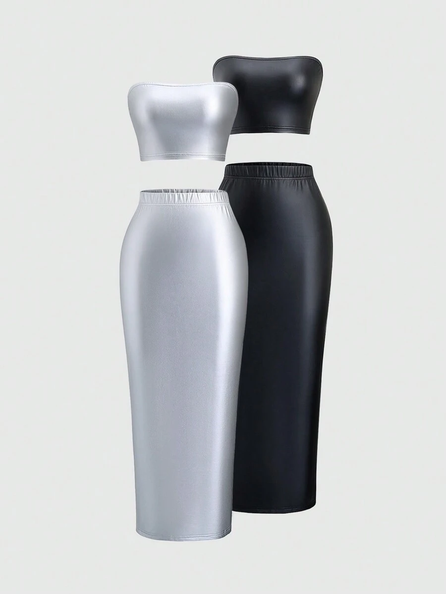SHEIN Unity 2 件套:PU 皮革纯色无袖抹胸上衣和松紧腰紧身裙 - 彩色 - 查看 1