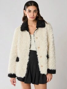 Enchnt 女士休闲宽松黑白拼色单排扣蓬松夹克，日常，工作，冬季女装，圣诞女装，