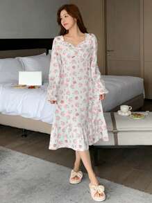 DAZY Camisón de pijama con volantes y estampado de flores y osos lindos - Blanco - Ver 5