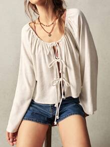 Bohemela Casual Solid Color Woven Flare Sleeve Round Neck Loose Blouse For Women
