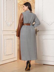Mulvari 大码女式秋季立领长袖 PU 拼接千鸟格优雅连衣裙长款女装
