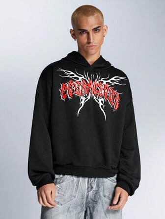 Manfinity VCAY Men's Loose Letter Print Slouchy Hoodie Sweatshirt, Suitable For Autumn/Winter