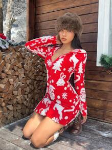 Muchica Áo khoác Giáng sinh Jacquard trùm đầu cho nữ mùa đông vừa vặn - Đỏ - Xem 4