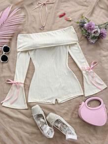 Soleia 1pc Casual Off Shoulder Flared Sleeve Belted Romper With Textured Fabric - Beige - View 3