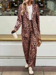 SHEIN Unity Women's Leopard Print Lapel Long Sleeve Blazer And Pants Fashion Suit Set - Khaki - View 4