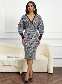 SHEIN Lady Autumn And Winter Vintage Concert/Music Festival Modest Work Office Casual Elegant Black White Worsted Overlap Collar Pencil Straight Batwing Sleeve Taping Border New Product Fit Fitted Dress Women Sweater Dresses - Black and White - View 3