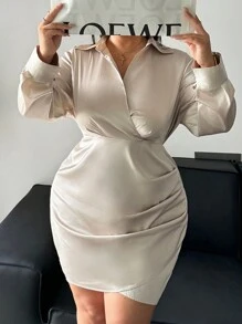 SHEIN Frenchy 大码女式优雅长袖修身连衣裙，秋季 - 杏色 - 查看 1