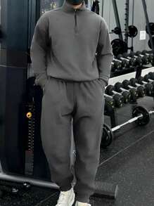 Manfinity Homme 2pcs Men's Casual Solid Color Stand Collar Sweatshirt And Sweatpants Set, Men Sweat Suit, Men Jogging Outfit, Men Outerwear Co Ords - Grey - View 1