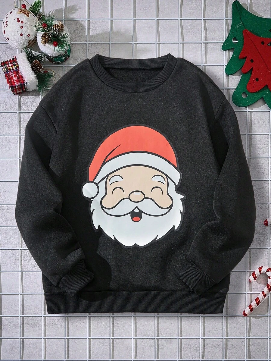 Áo nỉ dài tay cổ tròn họa tiết ông già Noel cho bé trai tuổi mới lớn, dùng cho Giáng sinh - màu đen - Xem 1