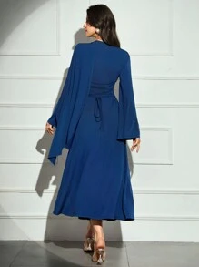 Modelyn Women Elegant Solid Color Round Neck Long Sleeve Midi Dress For Commute Long Evening Dresses - Blue - View 3