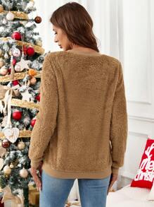 SHEIN LUNE 女士休闲圣诞毛绒温暖舒适日常穿着长袖运动衫，秋冬 - 棕色 - 查看 2