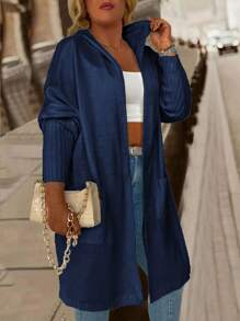 Calvaya Plus Size Solid Color Hooded Casual Knit Cardigan - Royal Blue - View 1