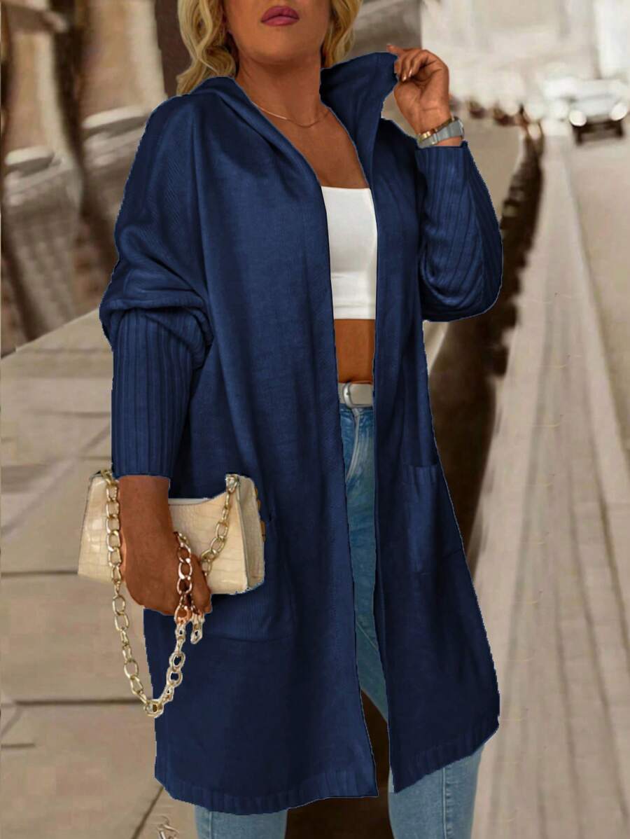 Calvaya Plus Size Solid Color Hooded Casual Knit Cardigan - Royal Blue - View 1