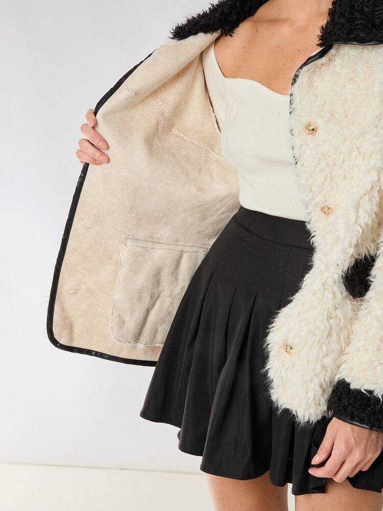 여성용 캐주얼 루즈핏 블랙 앤 화이트 컬러블록 싱글브레스티드 플러피 재킷, 일상용, 업무용, 겨울 여성복, 크리스마스 여성복